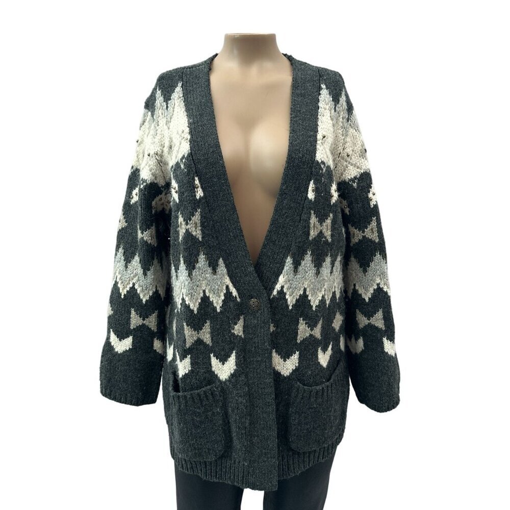 J. Jill Beaded Nordic Fair Isle Cardigan Sweater Wool Blend Womens M Petite Gray